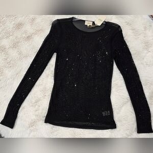 Black Long-Sleeve Sequin Mesh Top By Sterling & Stitch